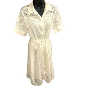 Sheilay NWT White Belted Eyelet Collared Dress Size S